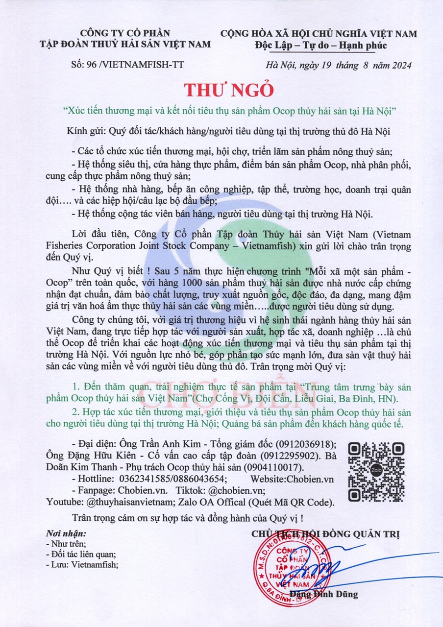 Thư ngỏ hợp tác – Xúc tiến thương mại và tiêu thụ sản phẩm Ocop thủy hải sản Việt Nam tại Hà Nội